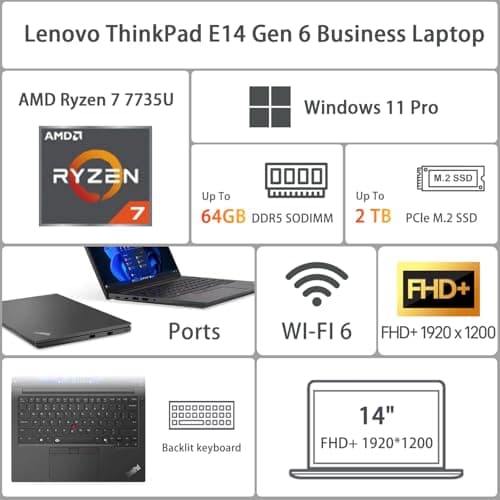 Lenovo ThinkPad E14 Gen 6 Business Laptop, 14" FHD+ Display, AMD Ryzen 7 7735U, 64GB DDR5 RAM, 1TB SSD, Fingerprint, Backlit, Wi-Fi 6, Windows 11 Pro, Bundle with Targus USB-C 100W Docking Station