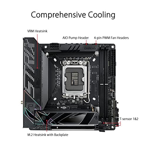 ASUS ROG Strix Z790-I Gaming WiFi Intel® Z790 LGA 1700 Mini-ITX motherboard, 10 + 1 power stages, DDR5, two M.2 slots, PCIe® 5.0, WiFi 6E, Thunderbolt™ 4, and USB 3.2 Gen 2x2 Type-C®