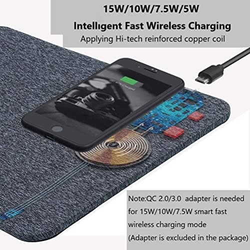 AmyZone Fast Wireless Charging Mouse Pad 15w Qi Certified Fabric Case-Friendly Large Wireless Charger Gaming Mouse Mat for iPhone 13/12 Pro/Xs/X/8/11 Samsung S10 Note 10 Google Pixel 4/3 XL for Gift