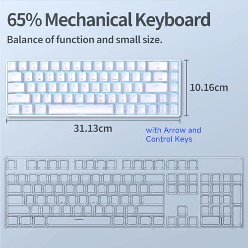 TMKB T68SE 60% Mechanical Gaming Keyboard – Ultra-Compact 68 Keys Wired Keyboard with Blue Switches, LED Backlit, Dedicated Arrow & Control Keys – White – for Windows PC/Laptop/Gamers/Typists