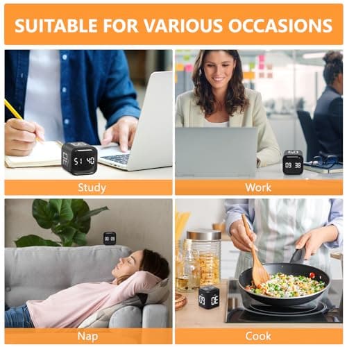 GuDoQi Multi-Function Cube Timer, 5/10/30/60 Min & Custom Count Down, Included Pause & Resume Feature, Silent, Vibrate & Adjustable Sound Alarm for Productivity in Tasks, Study & Kitchen, Black