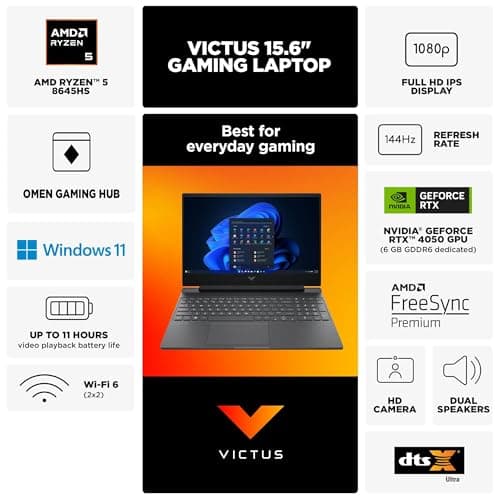 HP Victus Gaming Laptop, 15.6-inch FHD IPS 144Hz, AMD Ryzen 5-8645HS, NVIDIA GeForce RTX 4050, Wi-Fi 6, Backlit KB, Win11 Home, w/Mouse Pad (16GB RAM |1TB PCIe SSD)