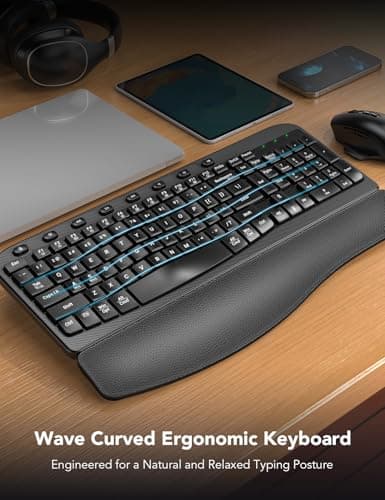 Wireless Keyboard and Mouse Combo, Ergonomic Wave Keys, Cushioned Plam Rest, Comfortable Silent Natural Typing, 2.4G Lag-Free, Full Size Keyboards Cordless Set for Multi-OS, Windows/Mac -SABLUTE