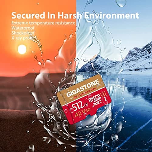[5-Yrs Free Data Recovery] GIGASTONE 512GB Micro SD Card, 4K Camera Pro, A2 V30 for Smartphone, Gopro, Action Cams, 4K UHD Video Recording , Up to 100MB/s, UHS-I U3 C10 Class 10 with Adapter