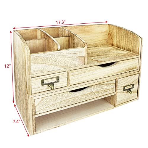 Ikee Design Large Extendable Wooden Desktop Organizer For Office Supplies, Storage Shelf Rack Book Shelf, Stationary Compartment Holder, Back to School, 17 1/4 W x 7 1/2 D x 12 H in