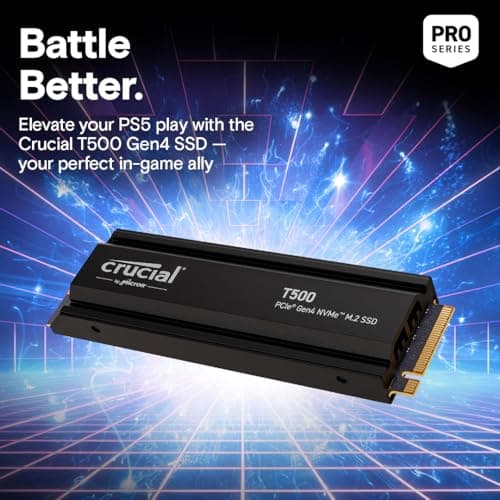 Crucial T500 2TB Gen4 NVMe M.2 Internal Gaming SSD with Heatsink, Up to 7400MB/s, PlayStation 5 Compatible + 1mo Adobe CC All Apps- CT2000T500SSD5