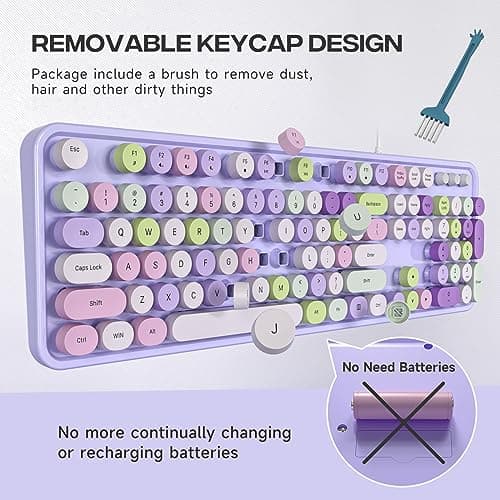 Computer Keyboard Wired, Plug and Play USB Retro Round Typewriter Keyboard, Full Size Wired Keyboard with Foldable Stands for Laptop and Office PC- Purple Colorful