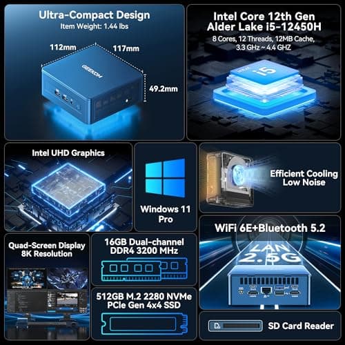 GEEKOM Mini PC IT12(3-Year Quality Support),12th Gen Intel i5-12450H Mini Computers,16GB RAM/512GB NVMe PCIe Gen 4 SSD Windows 11 Pro Desktop PC,USB 4.0/2.5G LAN/8K,for Business|Office|Home