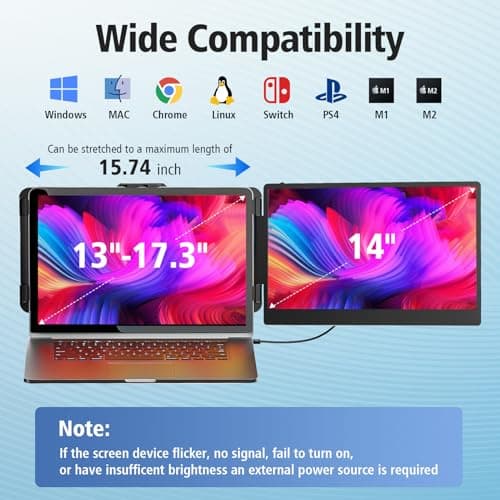 Laptop Screen Extender Monitor - 14 Inch Dual IPS FHD 1080P HDMI/USB-A/Type-C Extended Portable Monitor for Laptops (Maximum Length: 15.74") Compatible with Windows Mac Travel Work