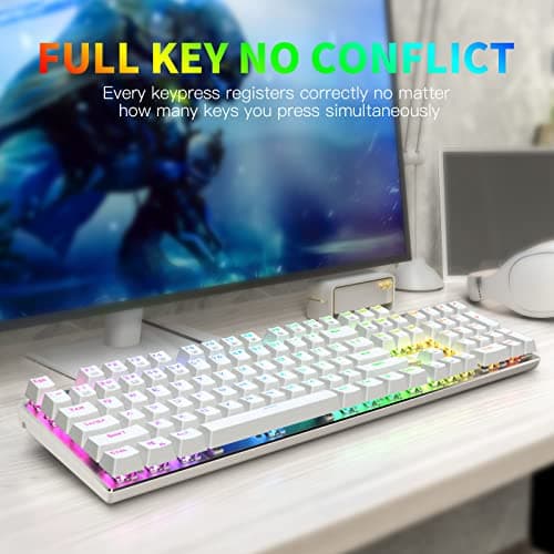 HUO JI E-Yooso Z-88 RGB Mechanical Gaming Keyboard USB Wired, Customizable RGB Backlit, Blue Switches - Clicky, Metal Panel, 104 Keys for Mac, PC, Silver+White