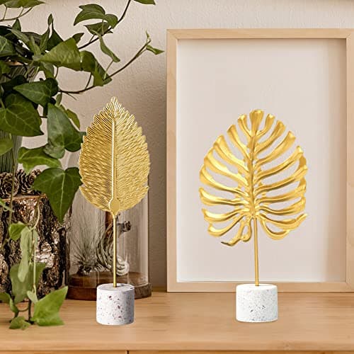 Gold Leaf Statues, Modern Metal Iron Art Crafts Sculpture Golden Leaves Sculpture with Base, Desktop Ornaments Home Office Figurine for Table Decor