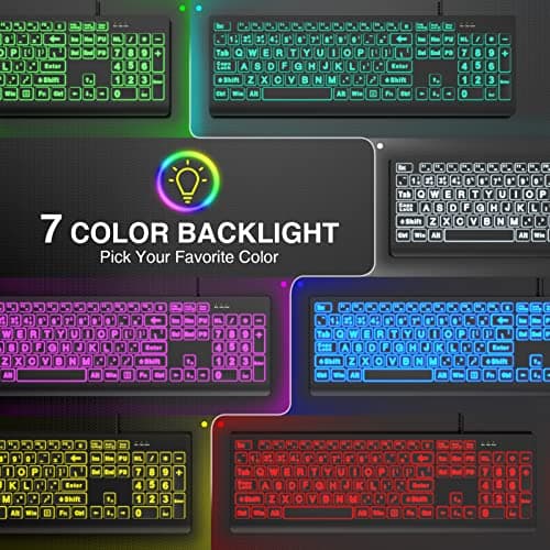 SABLUTE Large Print Backlit Keyboard, Wired USB Lighted Computer Keyboards with 7-Color & 4 Modes Backlit, Oversize Letters Keys Easy to See and Type, Quiet Keyboard Compatible for PC, Laptop