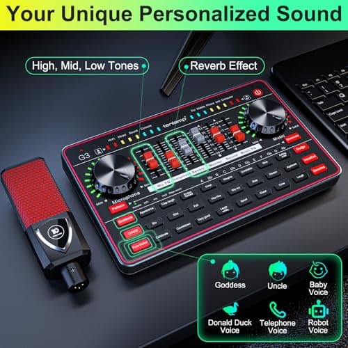 Podcast Microphone Bundle with Live Sound Board Audio Mixer, Podcast Equipment Bundle with 3.5mm Condenser Microphone for Pc/Phone Live Streaming Singing Gaming, Soundboard with Voice Changer, Denoise