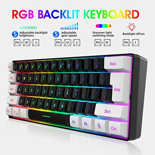 Snpurdiri 60% Wired Gaming Keyboard, Small RGB Backlit Membrane Gaming Keyboard, Ultra-Compact Mini Waterproof Keyboard for PC Computer Gamer White and Black