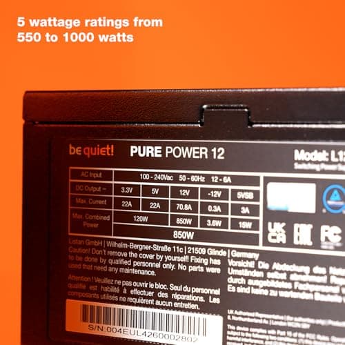 be quiet! Pure Power 12 850W PSU | 80 Plus Gold | ATX 3.1 | PCIe 5.1 GPU Support Power Supply | Silent 120mm Fan | High Performance 12V-Rail | Black | BP004US