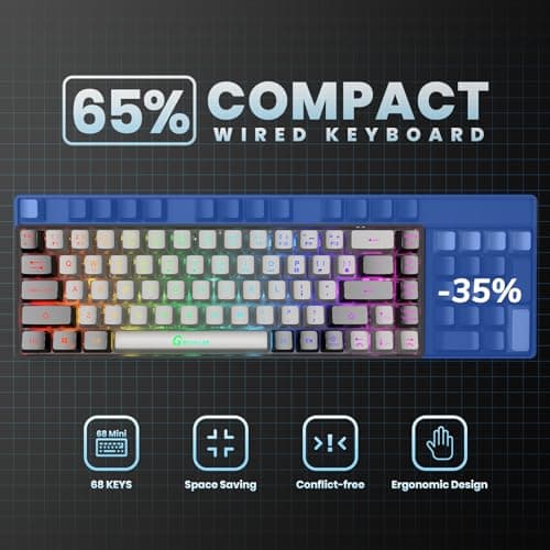 65% Gaming Keyboard, Wired Backlit Mini Keyboard, Ultra-Compact Anti-Ghosting No-Conflict 68 Keys Membrane Gaming Wired Keyboard for PC Laptop Windows Gamer