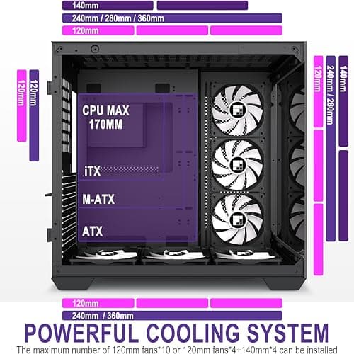 F600 PC Case - Pre-Installed 7 PWM ARGB Fan, ATX Mid-Tower Gaming PC Case, 270° Panoramic Glass with Type-C, FOIFKIN (Black, F600)