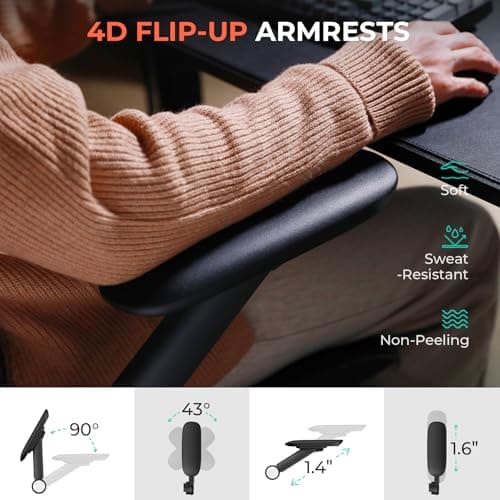 Ergonomic Mesh Office Chair, Adjustable Lumbar High Back Desk Chair 400lbs, 4D Flip-up Arms, 3-Level Tilt Backrest, 3D Headrest, PU Wheels, Swivel Rolling Computer Seating for Long Desk Work