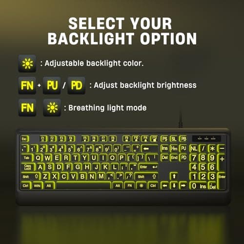 Large Print Keyboard - 7 Interchangeable Backlight Colors, Light Up USB Wired Computer Keyboards, USB Plug-and-Play, Foldable Stands, Corded Full Size Keyboard for Windows, PC, Laptop