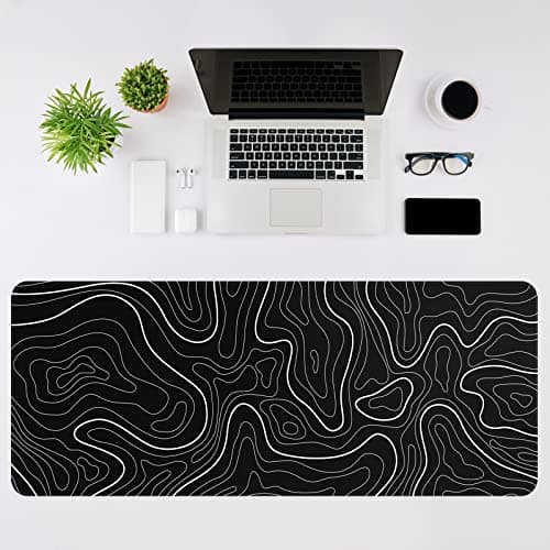 Mouse Pad Gaming Mousepad 31.5 x 11.8in Large Mouse Pad for Keyboard and Mouse with Anti-Slip Rubber Base, Keyboard Pad XL Mouse Mat for Home and Office（Black with White Topographic Line）