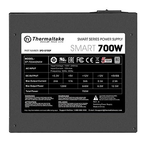 Thermaltake Smart 700W 80+ White Certified PSU, Continuous Power with 120mm Ultra Quiet Fan, ATX 12V V2.3/EPS 12V Active PFC Power Supply PS-SPD-0700NPCWUS-W
