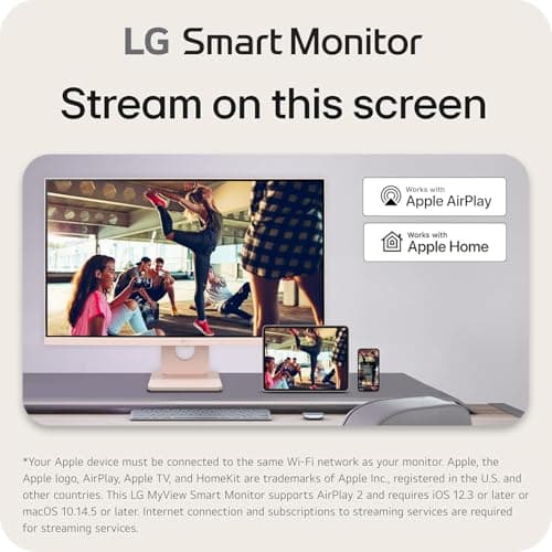 LG 27 MyView Smart Monitor, FHD IPS, 5ms, 60hz, WebOS 23, Built-in Speakers, ThinQ Home Dashboard, AirPlay 2, Screen Share, Bluetooth, HDR10, Flicker Safe, Reader Mode, Pink, with 5ave HDMI