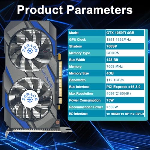 GeForce GTX 1050 Ti Gaming Graphics Card, 4GB GDDR5 128bit 1291MHz DP HDMI DVI-Output GPU, PCI Express 3.0 Support Up to 4K Video Card for Office and PC Gaming