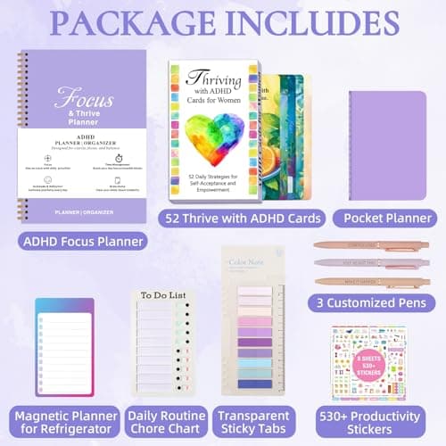 ADHD Tools Kit for Adult Women - 13-Piece Productivity & Focus Planner Set with Therapy Cards, ADHD Tools, Cleaning & Chore List, Pocket Planner, Stickers and Customized Pens