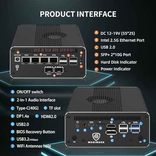 MGNAS14 Micro Firewall Appliance 10Gbe Router with Intel 14th Gen Core Ultra 7 155H, AI MINI PC with 2x10Gbe SFP+ 2xDDR5 RAM M.2 PCIe 4.0 SSD USB4 Support Pfsense|OPNsense|Openwrt|Windows