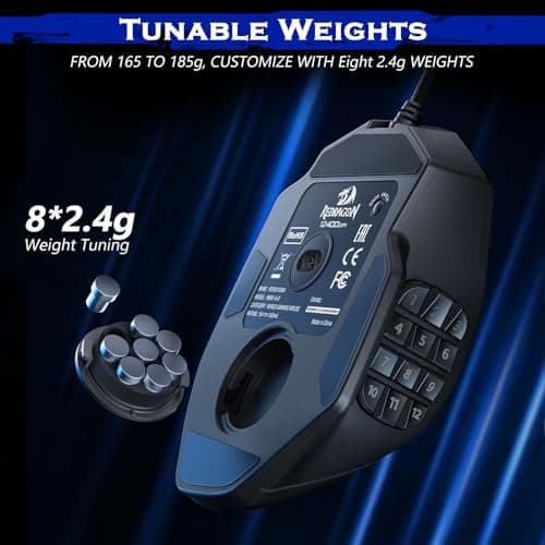 Redragon Gaming Mouse, MMO Mouse Gaming UP 12400 DPI, 19 Macro Programmable Buttons, RGB Mouse with 12 Side Buttons, 8 * 2.4g Weight Tuning for PC Laptop MOBA FPS, M901K, Black