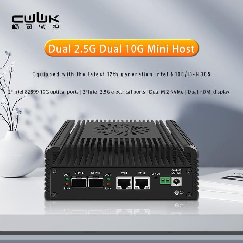 CWWK Mini PC N100 Firewall Hardware 2 x 10GbE SFP+, 2 x i226V 2.5GbE LAN OPNsense Appliance,AES-NI, 2HD, TypeC, TF Card Slot, M.2 WiFi Slot,NO RAM NO SSD