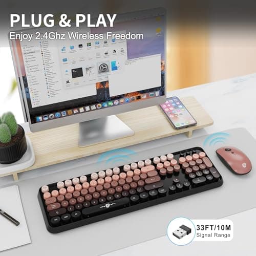 Wireless Keyboard Mouse Combo,104 Round Keys Cute Colorful Keyboard with Retro Typewriter Style,Letton Full Size Keyboard with Number Pad&Mouse with 3 DPI for PC Mac Laptop Computer Windows-Black