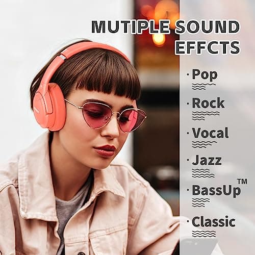 Bluetooth Headphones Over Ear,BERIBES 65H Playtime and 6 EQ Music Modes Wireless with Microphone,HiFi Stereo Foldable Lightweight Headset, Deep Bass for Home Office Outdoors Etc(Orange Red) (202A)