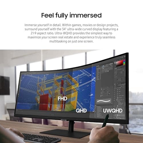 SAMSUNG Viewfinity S65UA Series 34-Inch Ultrawide QHD Curved Monitor, 100Hz, USB-C, HDR10 (1 Billion Colors), Height Adjustable Stand, TUV-certified Intelligent Eye Care (LS34A654UBNXGO),Black