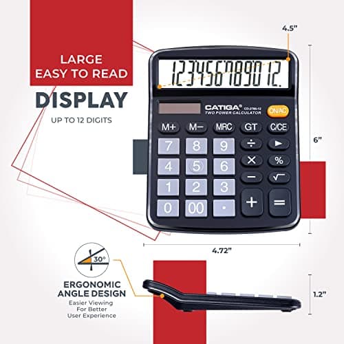 CATIGA 12 Digits Desktop Calculator with Large LCD Display and Sensitive Button, Dual Solar Power and Battery, Standard Function for Office, Home, School, CD-2786