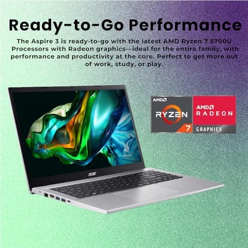acer Aspire 15.6 FHD Ryzen 7 Laptop, AMD Ryzen 7 5700U, 32GB RAM, 1TB PCIe SSD, Numeric Keypad, TouchPad, Webcam, Wi-Fi 6, HDMI, RJ-45, Bluetooth, Windows 11 Home, Silver