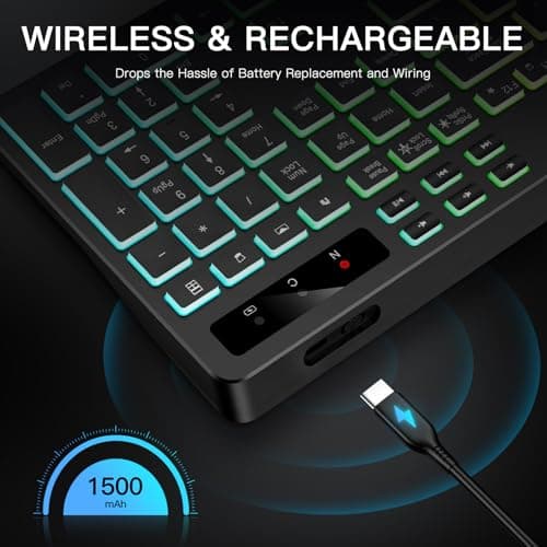 Wireless Keyboard with 7-Color RGB Backlit, Full-Size Computer Keyboard with Phone Tablet Holder, 2.4G Rechargeable Gaming Keyboard with Light Up Keys, Compatible with Mac, Windows (Black)