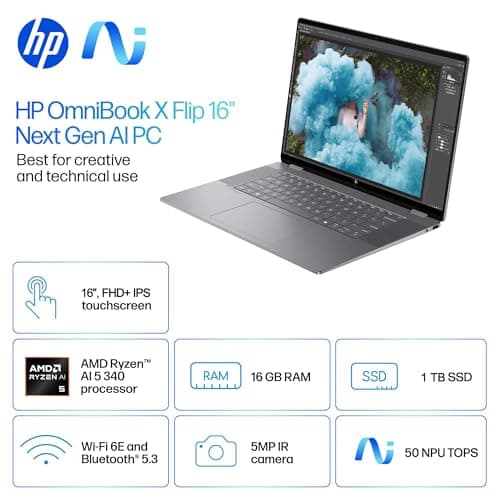 2025 HP OmniBook X Flip x360 2 in 1 Touchscreen Laptop (16" FHD+, AMD Ryzen AI 5 340 (> Intel i7-1355U), 16GB 7500 MT/s, 1TB SSD) AI Copilot+ PC for Creator, Designer, IR Webcam, Backlit, Win 11 Pro
