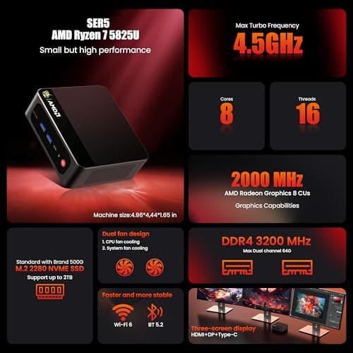 Beelink Mini PC, SER5 Pro 5825U AMD Ryzen 7 (Up to 4.5GHz) 16GB DDR4 500GB PCle 3.0 SSD Mini Desktop Computer, 2.5G LAN, Wifi6/BT5.2,HDMI/DP/Type-c/4K Triple Display Micro PC