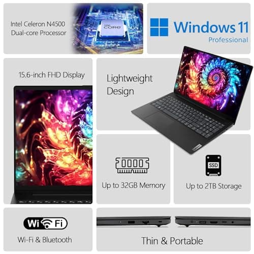 Lenovo 15.6" FHD Laptop Computer for Business and Student, Intel Dual Core Processor, 32GB DDR4 RAM, 1TB PCIe SSD, WiFi 6, BT 5.2, Type-C, HDMI, Numeric Keypad, Black, Windows 11 Pro, Wendbo Cable