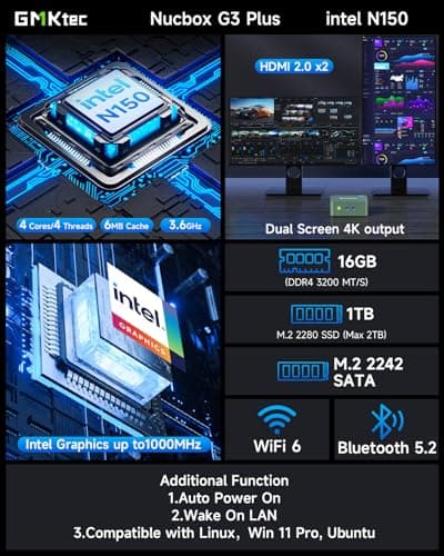 GMKtec Mini PC N150, G3 Plus Intel Twin Lake N150 (3.4GHz), 16GB DDR4 RAM 1TB PCIe M.2 SSD, Desktop Computer 4K Dual HDMI/USB3.2/WiFi 6/BT5.2/2.5G RJ45