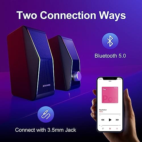 Computer Speakers, Bluetooth 5.0 Hi-Fi Stereo PC Speakers, 4 Dynamic Lighting Modes, AC Adapter Powered and 3.5mm AUX-in Computer Speakers for Desktop PC, Monitor, Laptop, Tablet, Phone