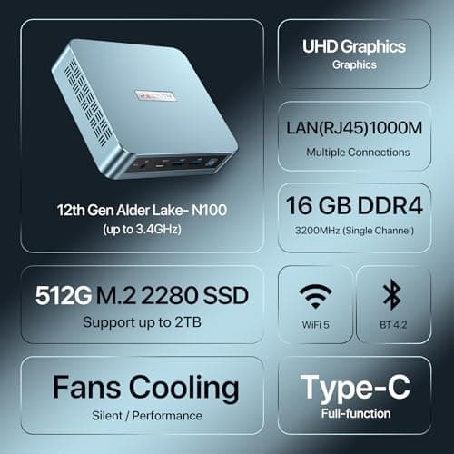 PELADN Mini PC,12th Gen Alder Lake- N100(up to 3.4GHz), 16GB DDR4 RAM 512GB M.2 PCIe SSD, Desktop Computer Support 4K Dual Display/USB3.2/WiFi 4/BT4.2