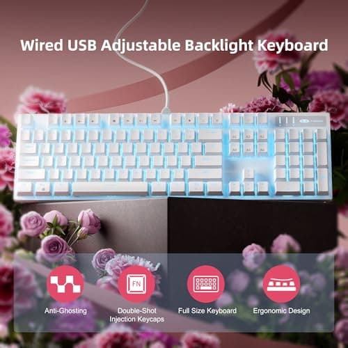 MageGee Mechanical Gaming Keyboard, Wired USB Adjustable Backlight Keyboard, New Mechanical Storm 100% Anti-ghosting Keyboard with Blue Switches for Windows PC/MAC Games (White)