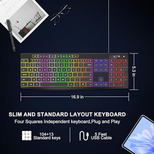 Computer Keyboard Wired,7-Color Rainbow LED Backlit, Quiet Light Up Keyboard with Multimedia Keys,Low Profile Chiclet Keys,Large Number Pad,Spill-Resistant, Anti-Wear Letters for Windows Mac PC Laptop