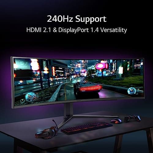 LG 49" UltraGear DQHD (5120x1440) Curved Gaming Monitor, 240Hz, 1ms, VESA DisplayHDR 1000, HDMI 2.1, DisplayPort, 4-Pole HP Out DTS HP:X, AMD FreeSync Premium Pro, Tilt/Swivel/Height Stand, Black