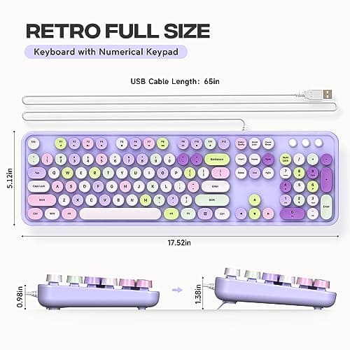 Computer Keyboard Wired, Plug and Play USB Retro Round Typewriter Keyboard, Full Size Wired Keyboard with Foldable Stands for Laptop and Office PC- Purple Colorful