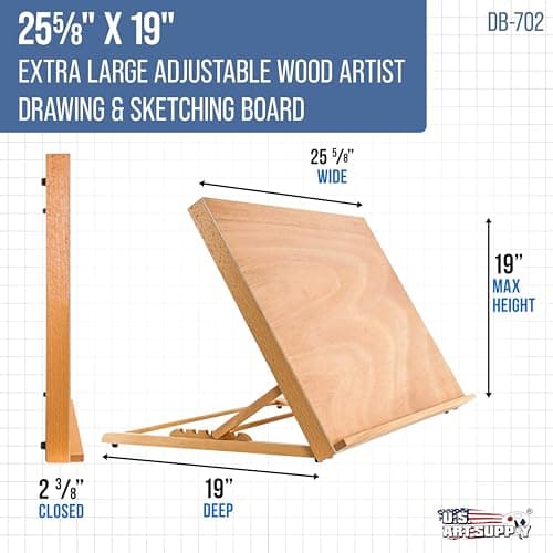 U.S. Art Supply X-Large 25-5/8" x 19" (A2) Adjustable Wood Art Drawing Board - 6 Angles, Beechwood Construction, Pencil Ledge, Locking Storage Drawer - Perfect for Design, Drafting & Architecture