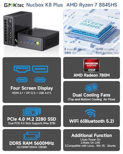 GMKtec Gaming Mini PC K8 Plus AMD Ryzen 7 8845HS(8C/16T, up to 5.1GHz) 32GB DDR5 RAM 1TB SSD, Desktop Computer Dual NIC 2.5G, HDMI 2.1, USB4