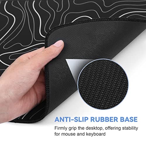 Mouse Pad Gaming Mousepad 31.5 x 11.8in Large Mouse Pad for Keyboard and Mouse with Anti-Slip Rubber Base, Keyboard Pad XL Mouse Mat for Home and Office（Black with White Topographic Line）